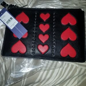 Brad New Black Leather Red Heart studded wristlet